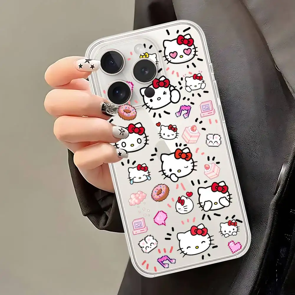 حافظة هاتف H-Hello Kittys لهاتف آيفون 17 16 15 14 Plus 13 12 11 Pro Max غطاء خلفي شفاف مضاد للصدمات