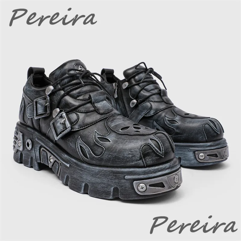 

Punk Retro Metal Decor Thick Soled Leather Shoes for Men Gothic Skull Belt Buckle Lace-Up Short Boots Fashion Male Shoes