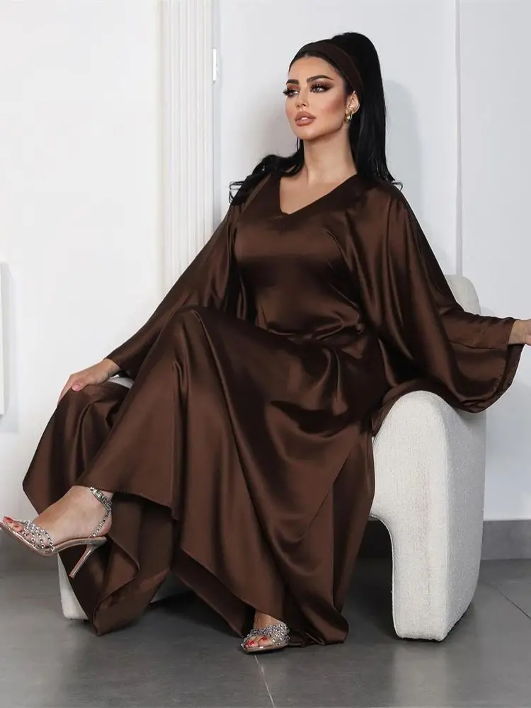 Eid Batwing Satin Shiny Abaya Dubai Luxury 2024 Islam Muslim Maxi Kaftan Dress Kebaya Abayas African Dresses For Women Vestidos