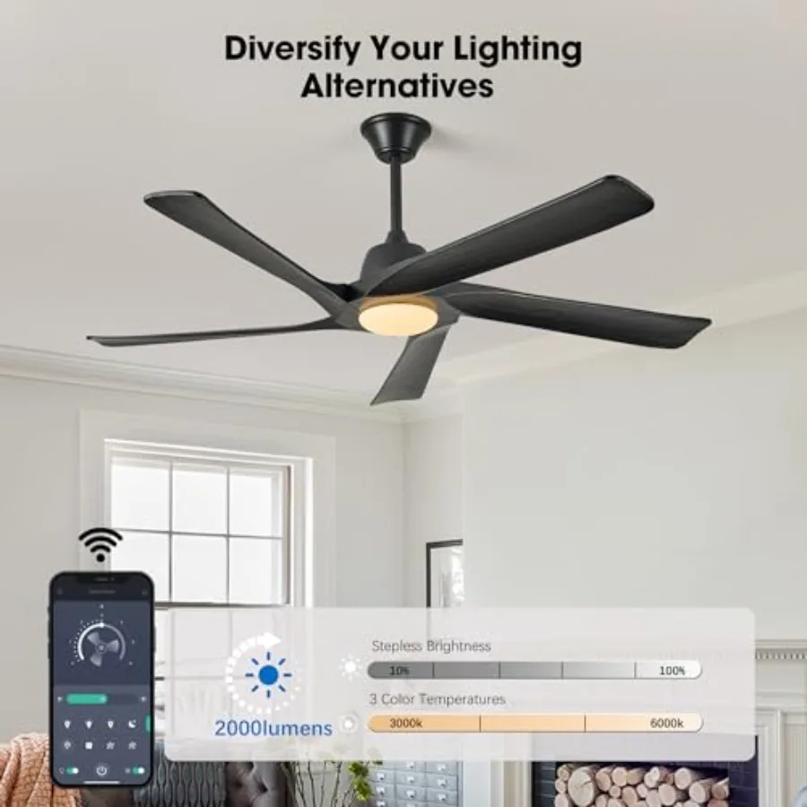 60 Inch Solid Wood Ceiling Fan with Light for Bedrooms and Outdoor Patios, Black, 3-color Dimmable Remote and APP Control, DC M