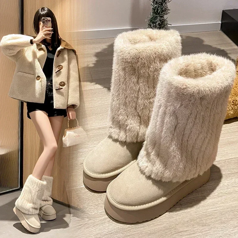 Nuevas botas de nieve de invierno para mujer, botas cortas integradas de piel de suela gruesa con zapatos de algodón cálidos y antideslizantes de felpa y gruesos
