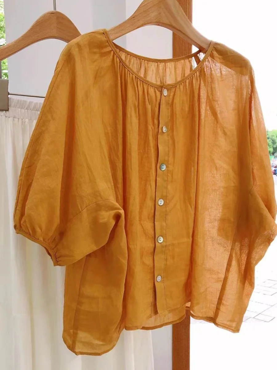 

High-End Linen Orange ort-Sve irt Loose Fit Doll Top Women's Premium Faion Summer Collection Regular Length