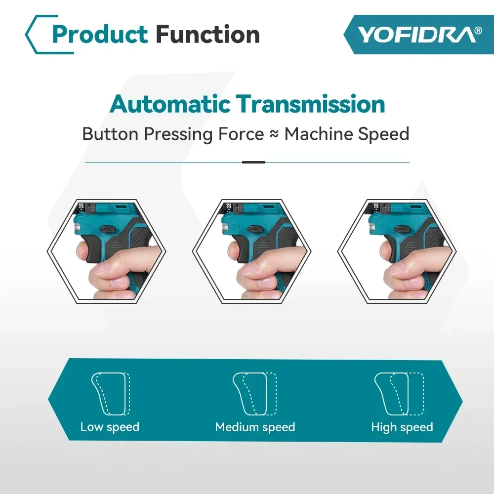 YOFIDRA 10mm Brushless Electric Drill Screwdriver 24 Gears Cordless Efficient Impact Drill Power Tool For Makita 18V Battery