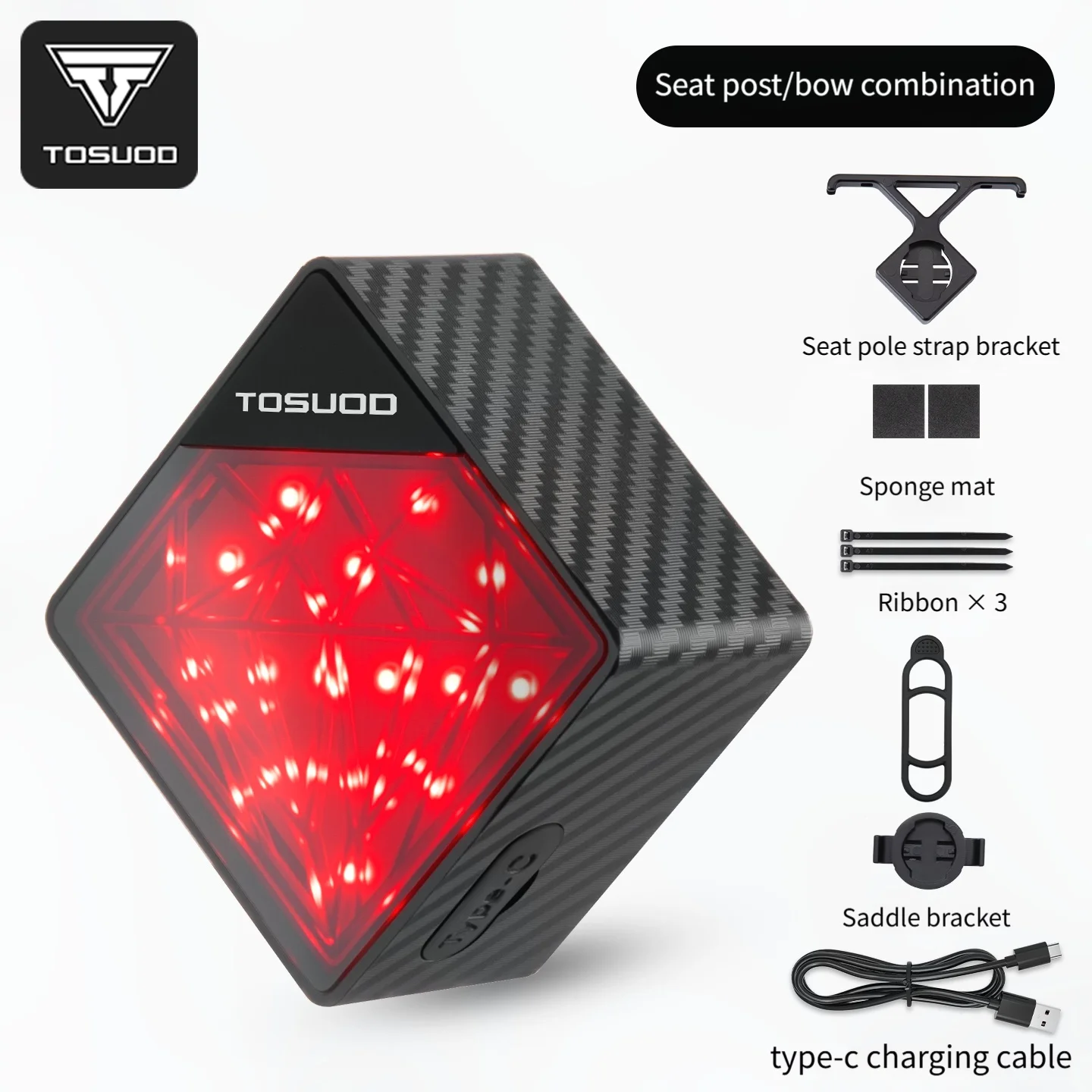 TOSUOD Bike Taillight 4 Modes 400mAh LED Type-C Charge Bicycle Taillight Intelligent Sensing Brake Sensing Bike Light