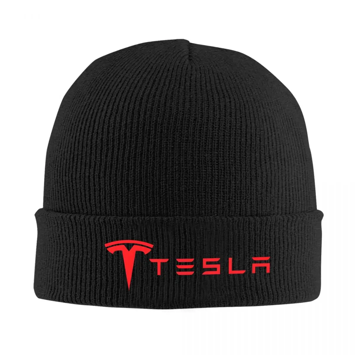 Fashionable Acrylic Knit Beanie with Ribbed Design, T-Teslas Logo Warm Winter Hat for Men and Women