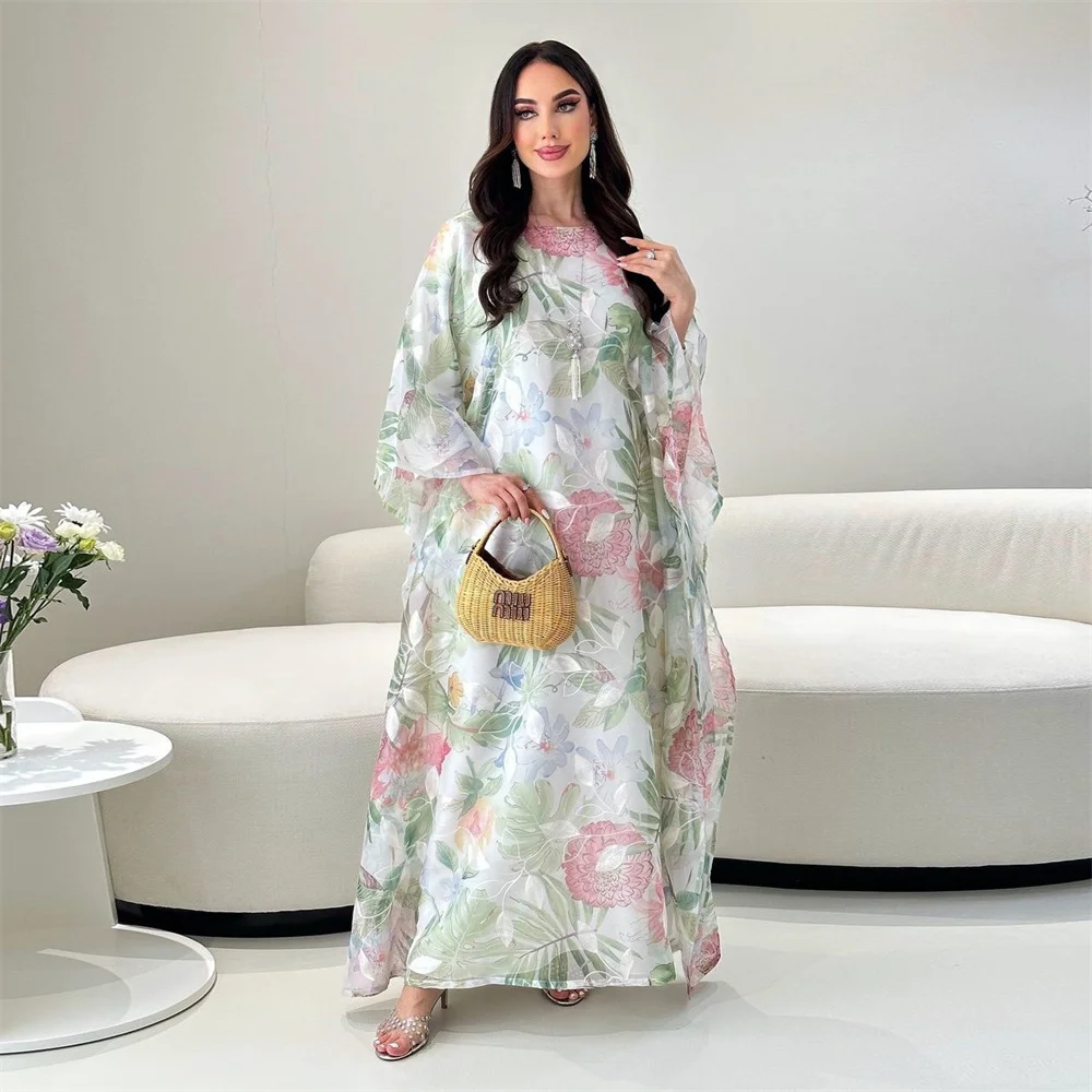 2025 New Muslim Printing Dress For Woman Batwing Sleeve O-Neck Dubai Abaya Elegant Casual Loose Moroccan Saudi Kaftan Fashion