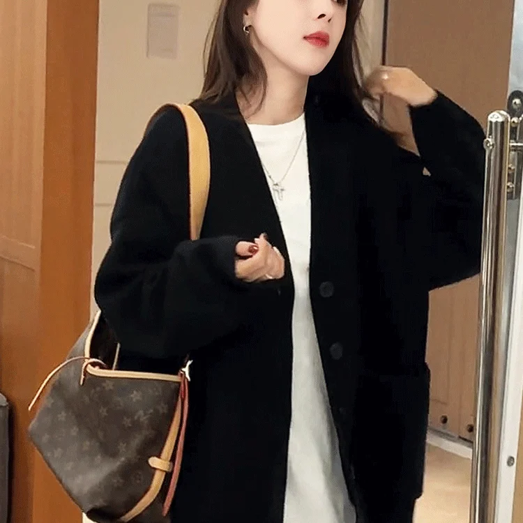 Saili Premium Black Knitted Sweater Cardigan Jacket for Women New Loose Long Sleeved Top