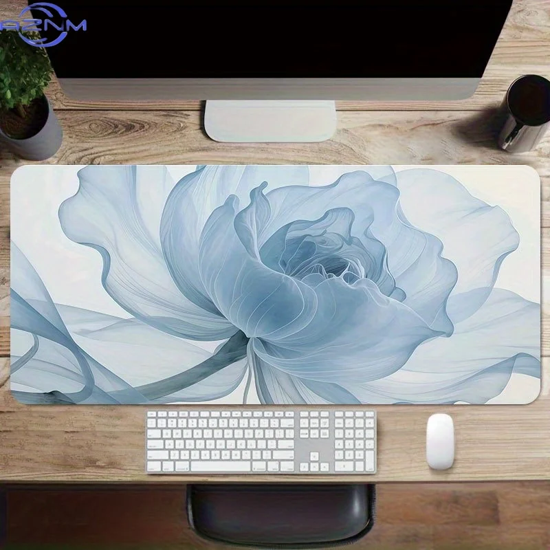 One Piece of Artistic Mouse Pad Featuring a Blue Floral Design, an Elegant Flower Pattern, an Extended Non-Slip Desk Mat Suitabl