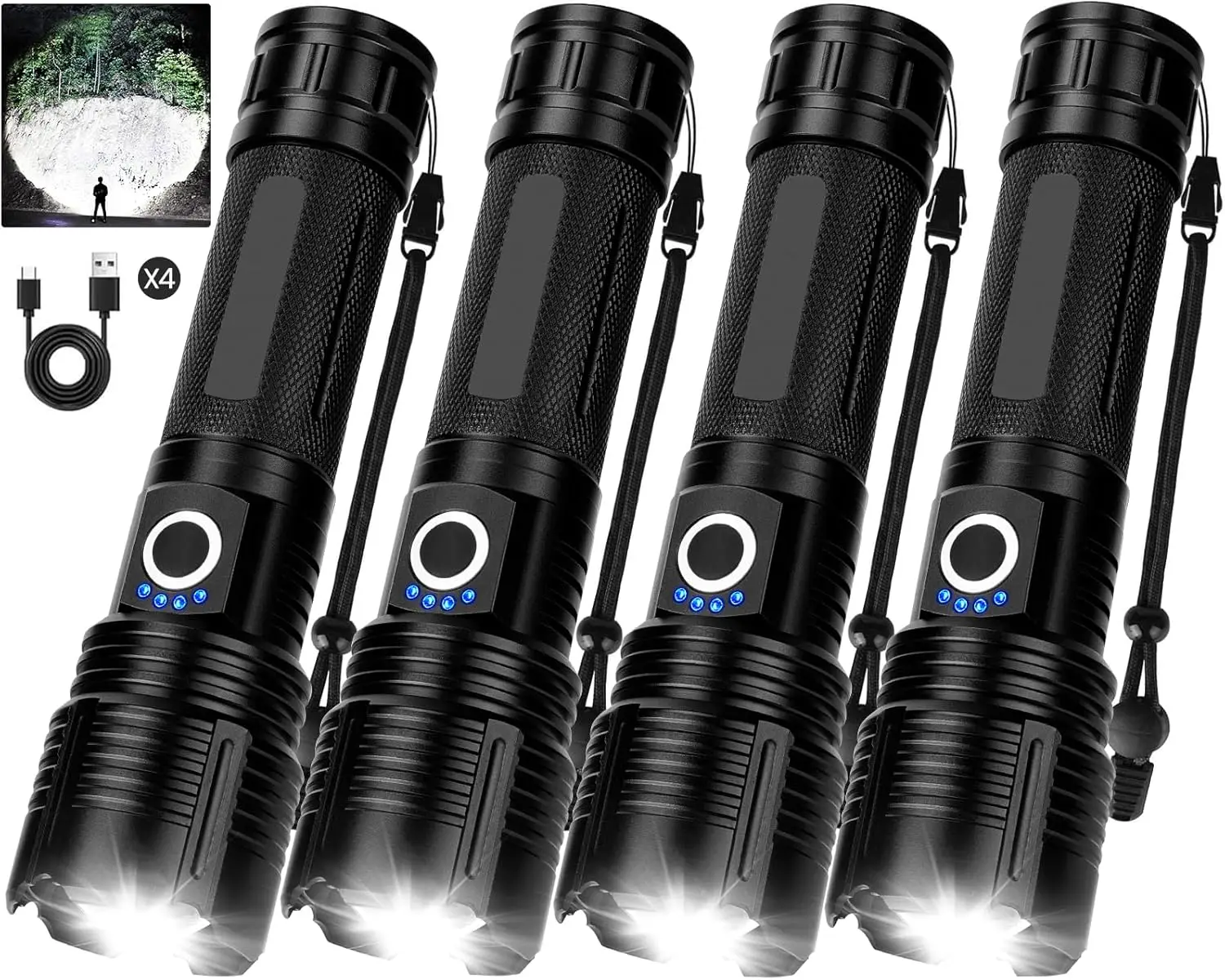 

4-Pack Rechargeable Flashlight, 99000LM High Lumens LED, 5 Modes, USB-C, Waterproof, Adjustable for Camping, Outdoor, Home