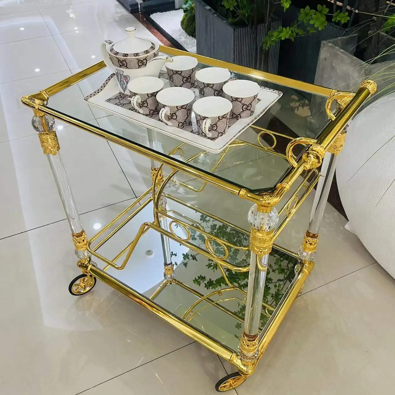 Simple Hotel Restaurant Trolley Golden Copper Tray Cart