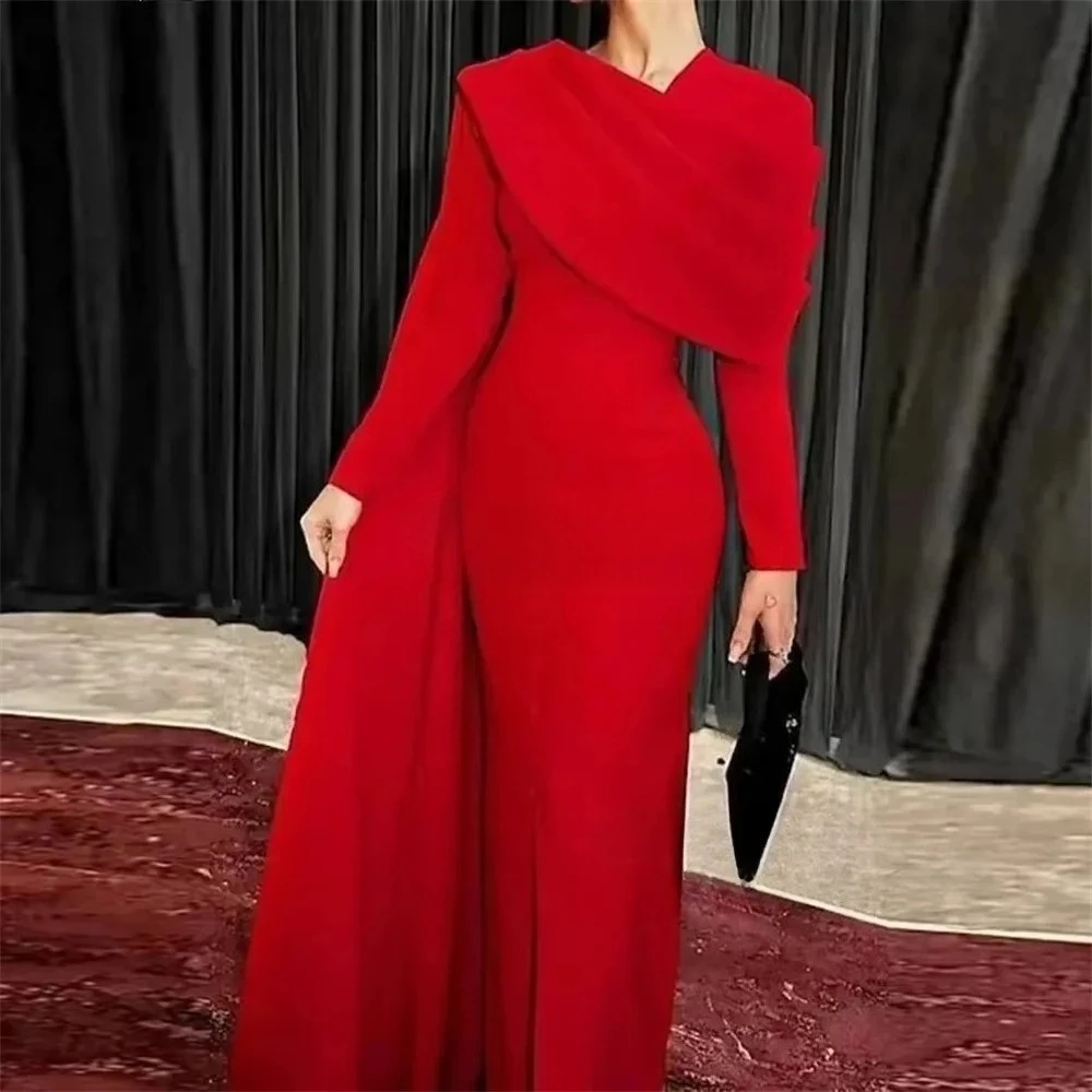 

Red Elegant Evening Dress Customized V-Neck Long Sleeve Pleated Jersey Evening Gowns Slit Trumpet Formal Party Dresses 2026
