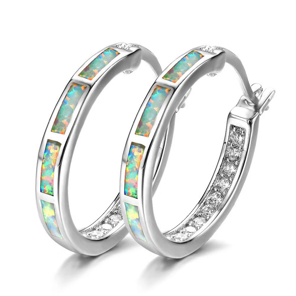 Fashion Round Circle Hoop Earrings for Women Silver Color Birthstone Imitation Opal Earrings Engagement Wedding Jewelry Gift