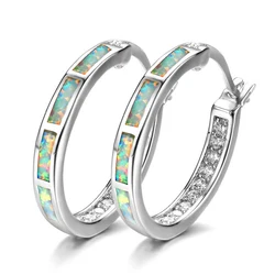 Fashion Round Circle Hoop Earrings for Women Silver Color Birthstone Imitation Opal Earrings Engagement Wedding Jewelry Gift