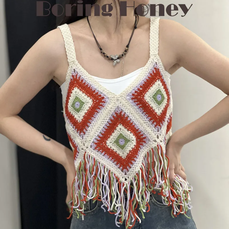 

Boring Honey New Bohemian Style Tassel Small Suspender Women's Summer Vest Short Coat Hollow Crocheted Spice Girl Slim Top Women
