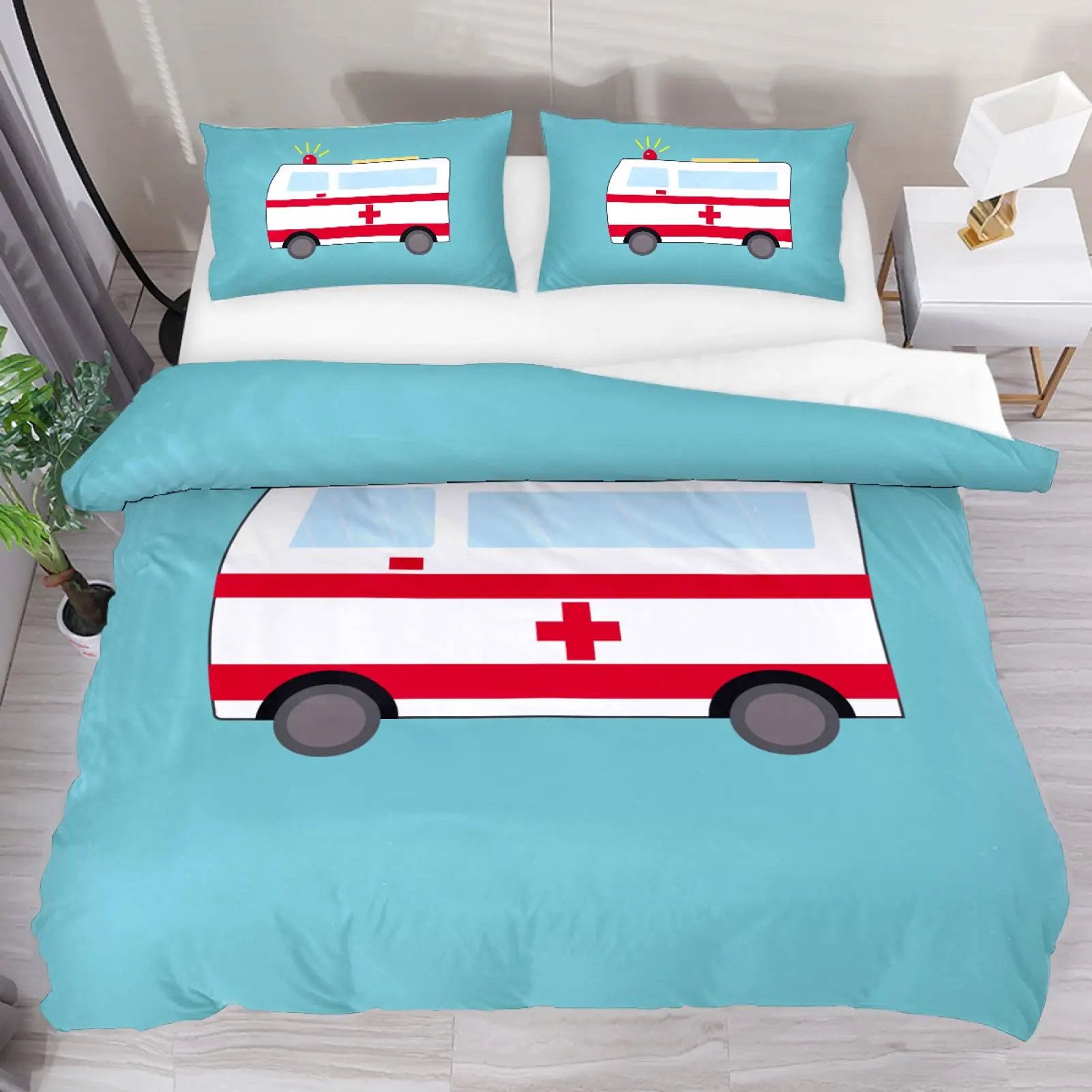 Ambulance Car King Queen Duvet Cover White Cartoon Medical Car Bedding Set for Kid Hospital Rescue Vehicle Polyester Quilt Cover