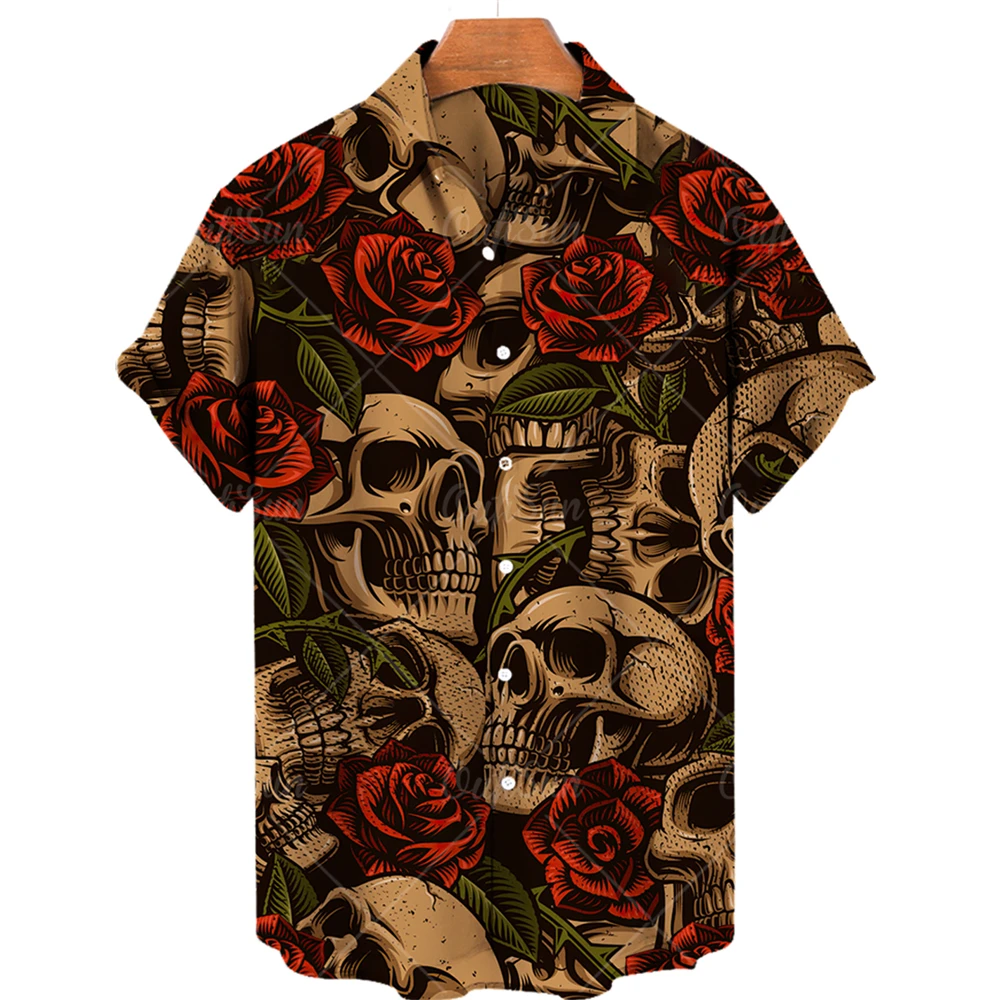 Men's Halloween Skeleton Printed Shirt City Trend Harajuku Collar Top Hip Hop Punk Style Large Button Collar Shirt Casual
