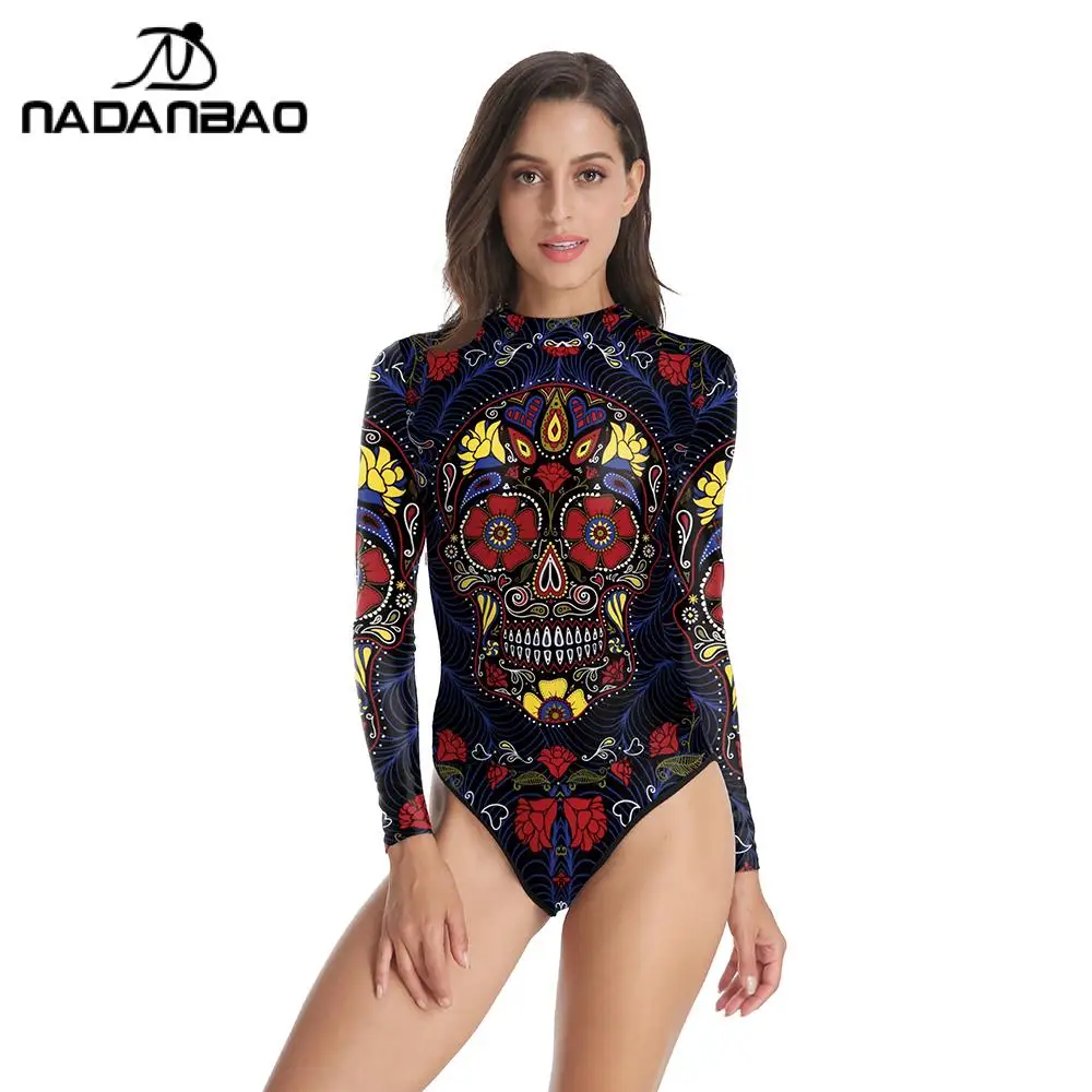 Nadanbao 2 pçs feminino floral crânio bodysuit leggings conjunto estilo étnico cosplay maiô calças dia dos mortos festa calças terno