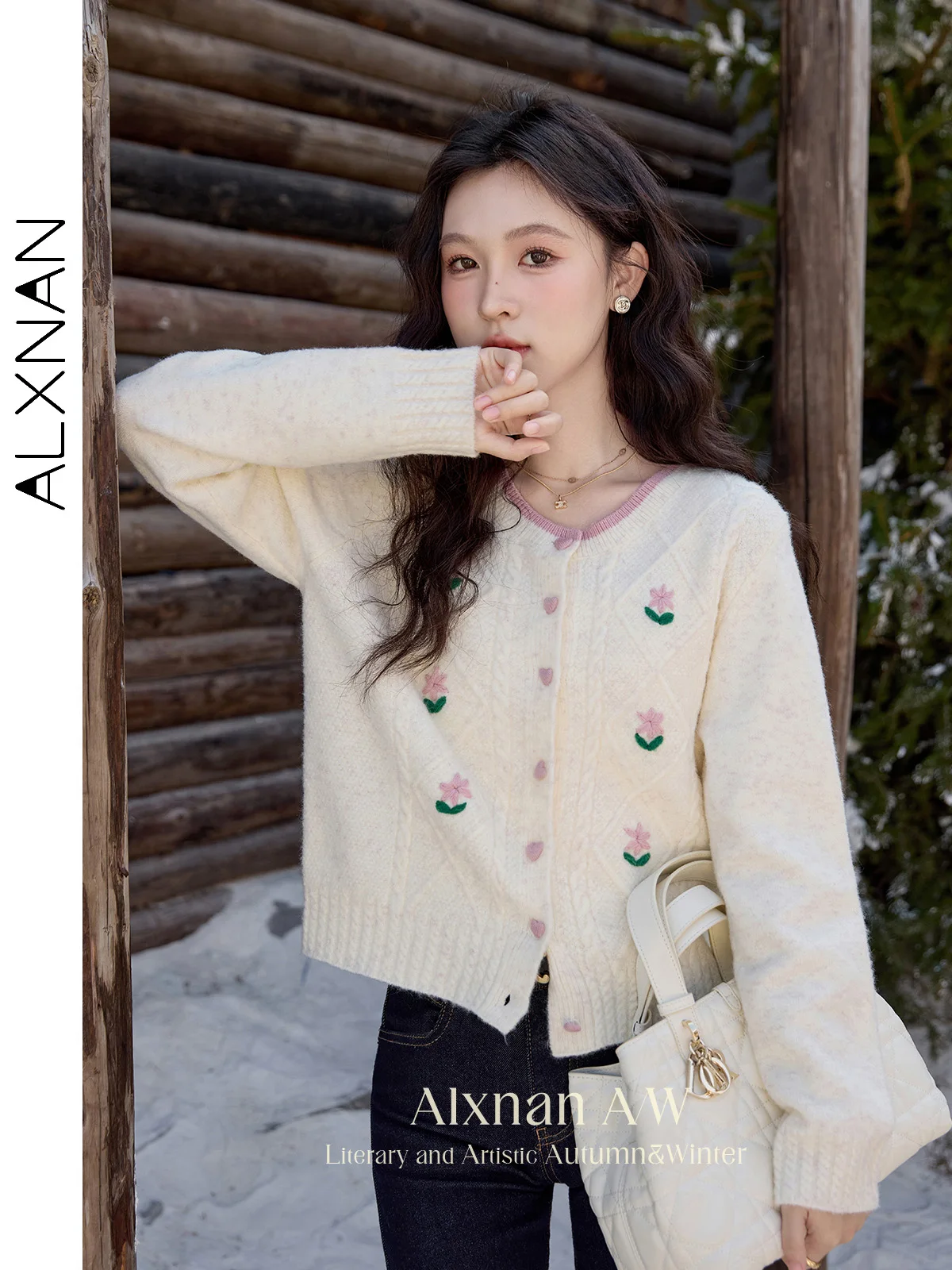 

ALXNAN Women's Languid Cardigans Sweet O-neck Heart Buttons Embroidery Long Sleeve Sweater 2024 Fall Winter Warm Knit Top L52376