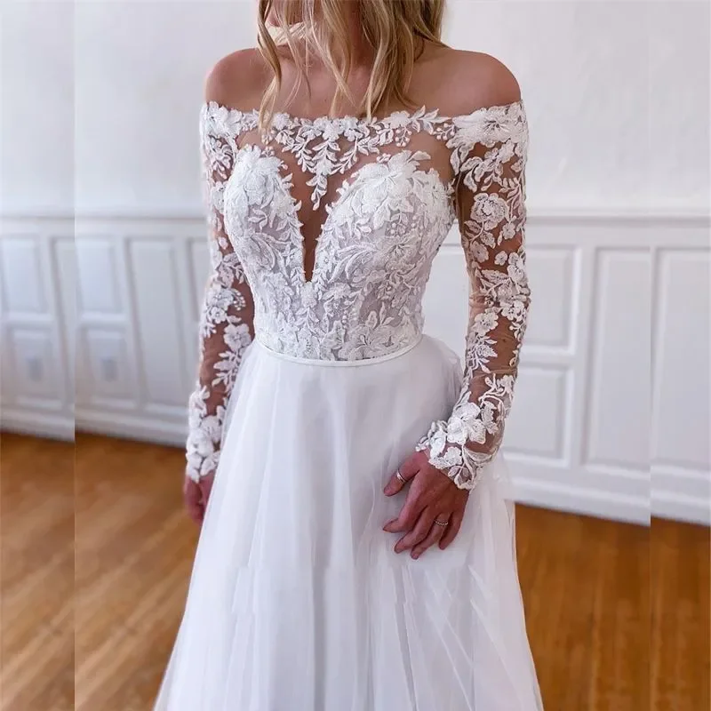 Sexy vintage A-line wedding dress Shoulder Off illusion tulle long sleeve lace applique button back plus size bridal dress