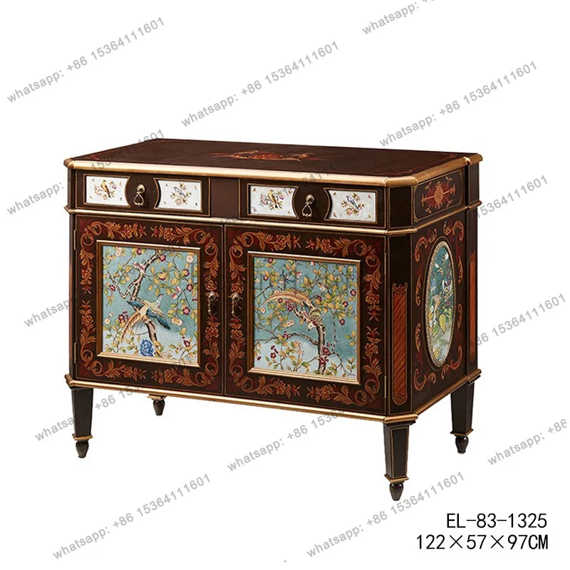 European mahogany carving pattern painted entrance cabinet flower and bird villa decorative cabinet