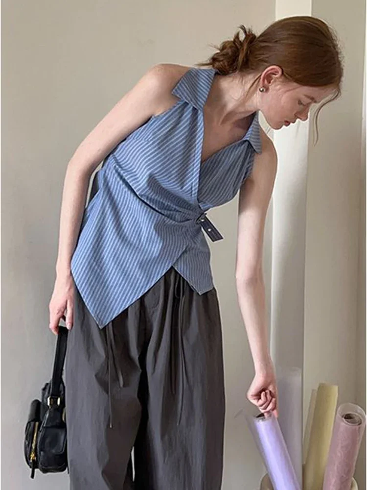 Корейские новые сексуальные майки в нерегулярную полоску с v-образным вырезом, женские летние тонкие элегантные топы без рукавов, модные простые майки с лацканами