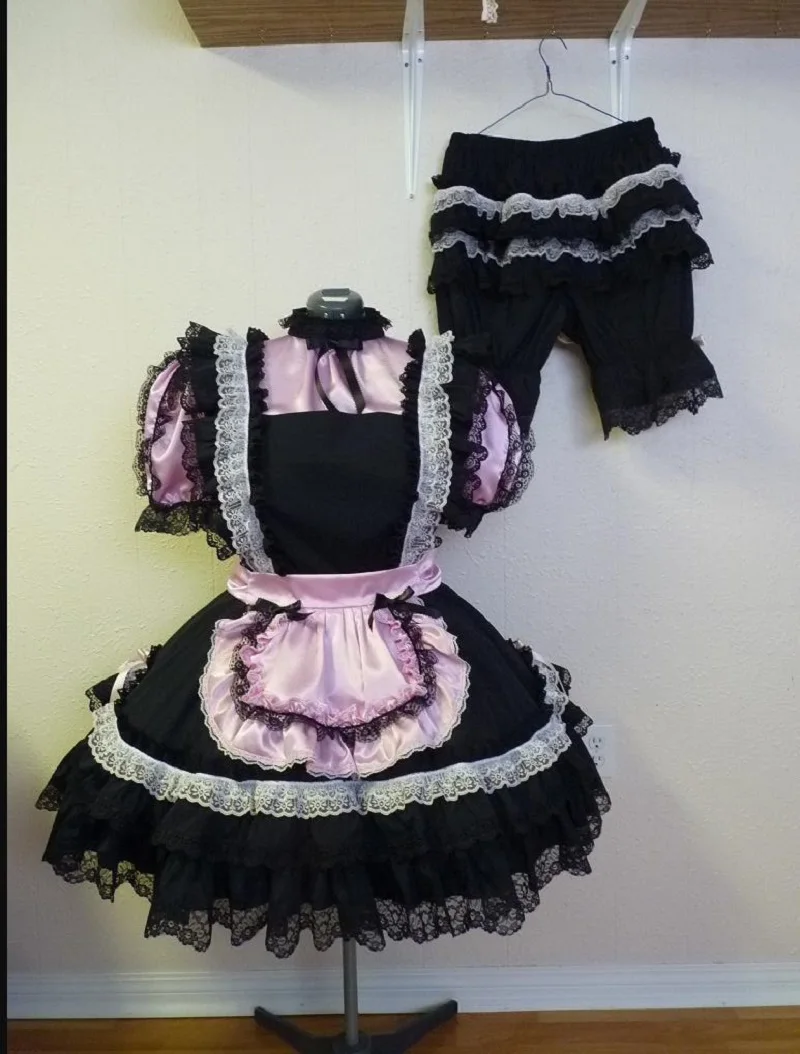 French Pink with Black French Maid Dress, Separate Apron and Matching Bloomers, Satin Fabric and Black Trim Can Be Customized