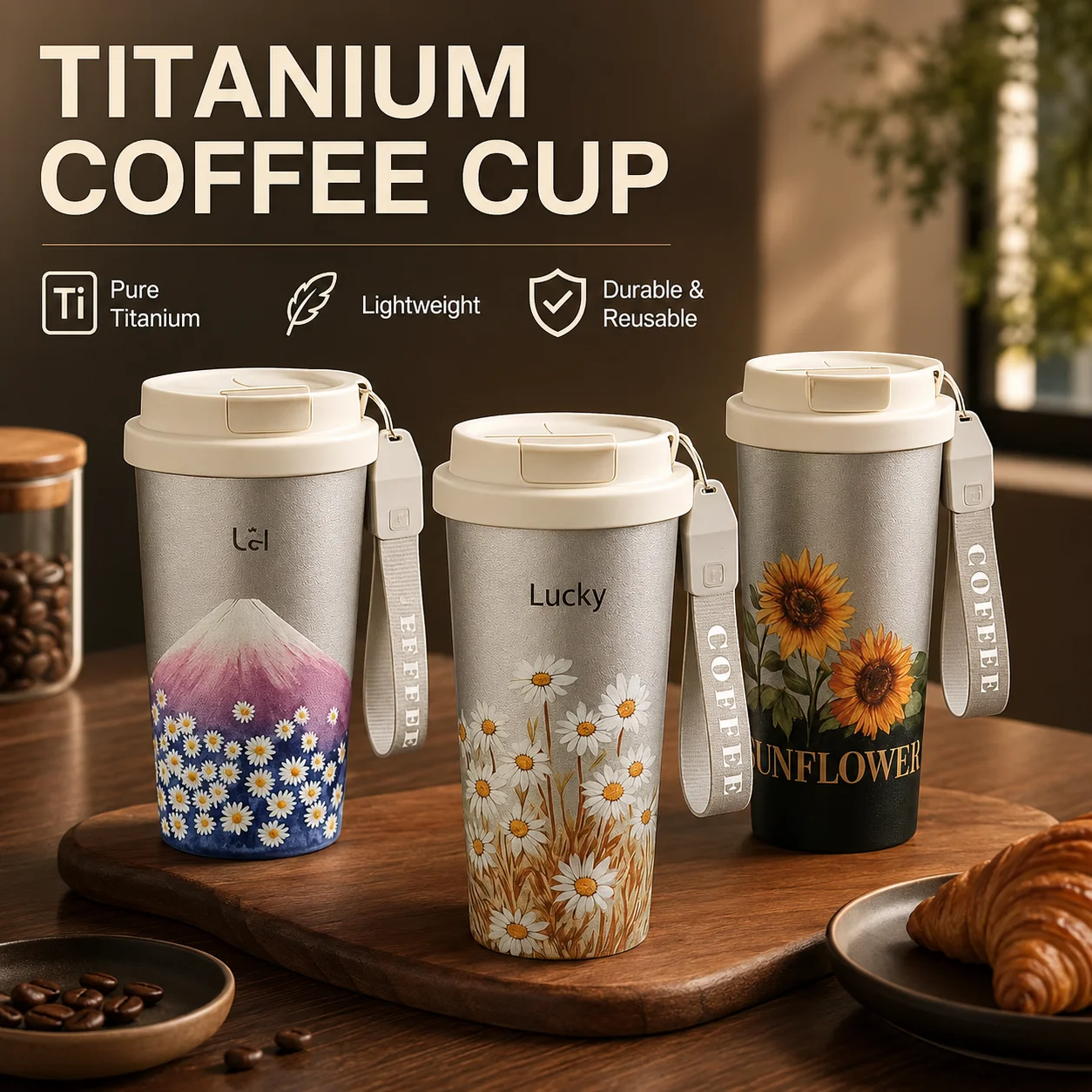 Titanium Insulated Mug 520ml – Pure Titanium Travel Cup with Lid | Sunflower, Daisy & Fuji Designs | Lightweight, Anti-corrosio
