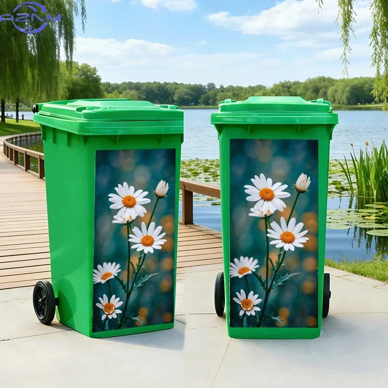Trash Can Sticker, Daisy Blooming in Nature, Animal Theme Design, Self-Adhesive Wall Decal Wallpaper, Kitchen Trash Can Decora