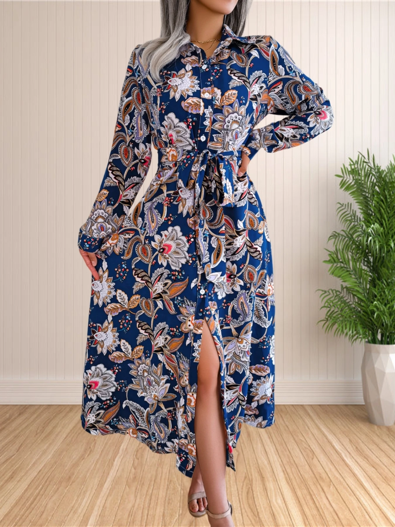Hemd kleider für Frauen fallen fließendes Blumen hemd Kleid Button-Down-Hemd kleid elegantes Midi kleid Urlaub