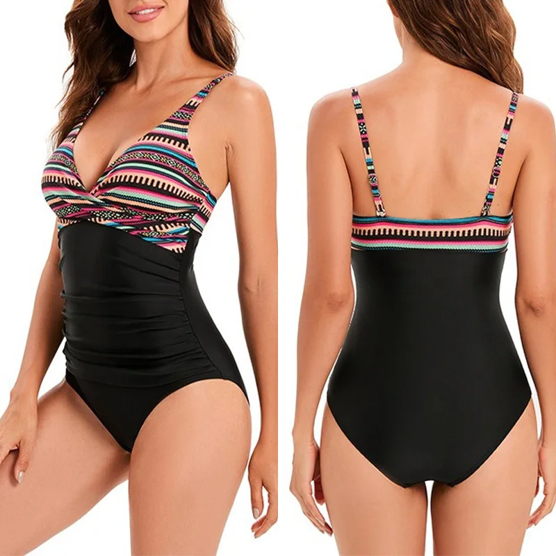 

Retro Sexy V Neck One Piece Swimsuit Women Color Block Print High Waist Bikini Beachwear 2025 New Pool Hot Springs Bathing Suit