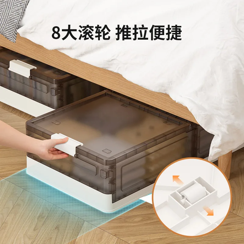 Dustproof, for Clothes, Off-white and Transparent Brown, 4-pack Foldable Under-bed Storage Boxes with Wheels, Plastic