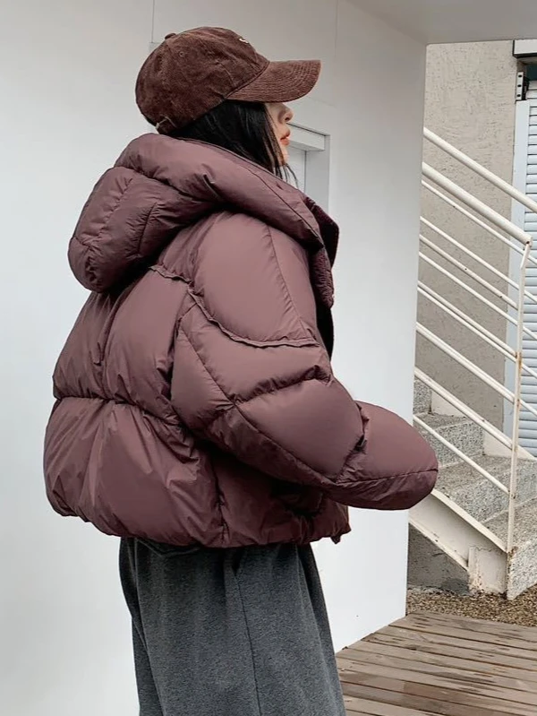2025 Winter New Women's Down Jacket Commuter Hoodie Knitted Splicing Single Breasted White Duck Down Jacket