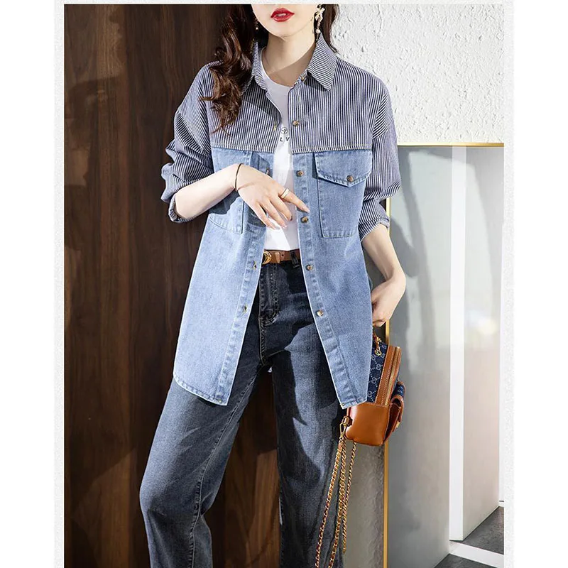 

Fashion Stitching Denim Shirt Women's Spring Autumn New Fashion Casual Striped Long-Sleeved Denim Women's Single-Breasted Coat