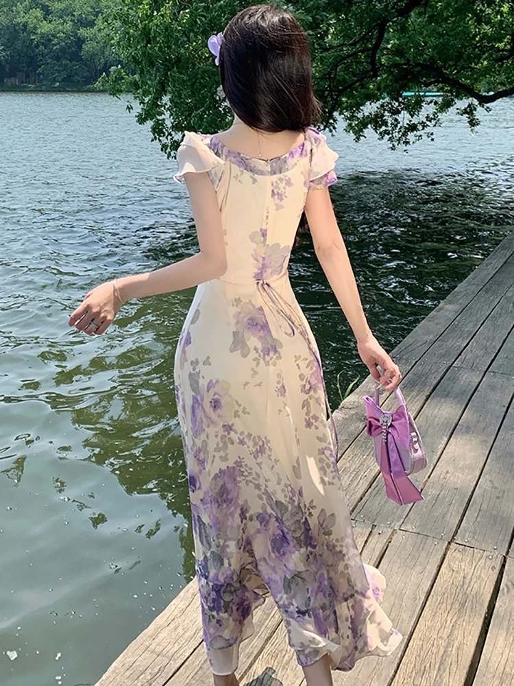 Summer Purple Floral Chiffon Chic Ruffled V-Neck Sexy Long Dress Women Boho Elegant Casual Dress 2025 Korean Bodycon Party Dress