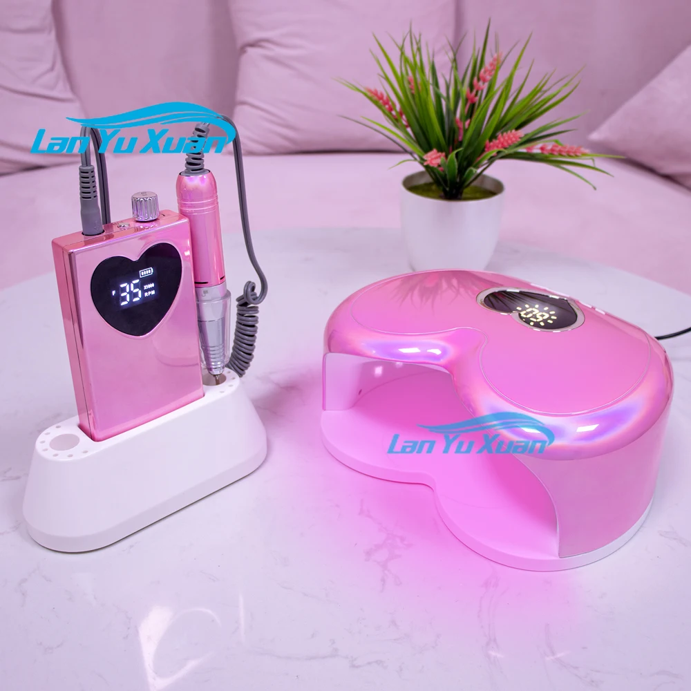 

Pink Wireless Uv Gel Nail Dryer Led Lamp Cordless Rechargeable 35000 Art Drill Tool Kit Set Acrylic