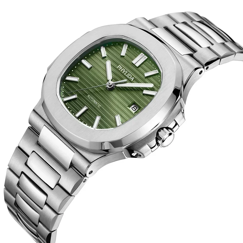 PHYLIDA 40mm Green Dial Men\'s Watch Luxury Classic Sports Wristwatch Miyota Automatic with Date Sapphire Crystal