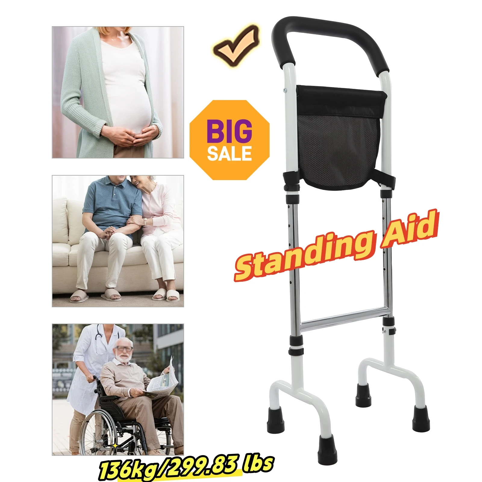 Safe Stand Assist Armrest Mobility Bed Rail Standing Aid Handle 136kg/299.83 lbs Load for Seniors