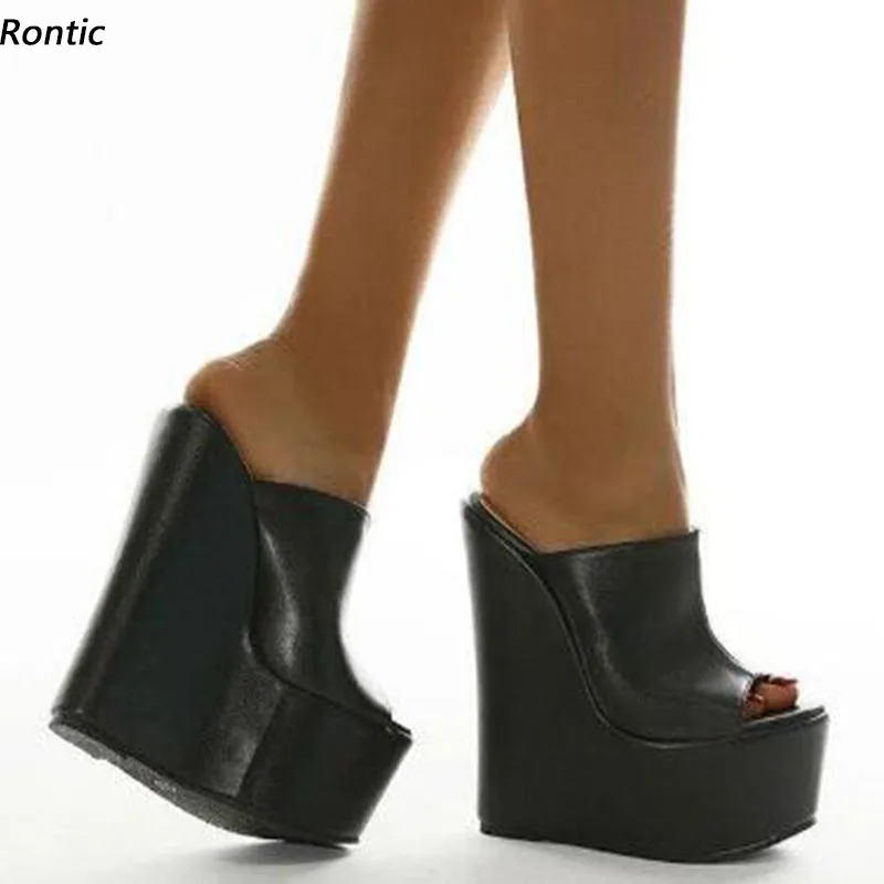 

Rontic Handmade Women Platform Mules Sandals Wedges Heels Peep Toe Elegant Black Dress Shoes Ladies US Plus Size 4-15