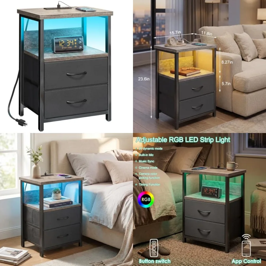 

Night Stand with Charging Station, LED Nightstand with U-S-B Ports and Outlets, 2 Fabric Storage Drawers with PU Finish, Bed Si
