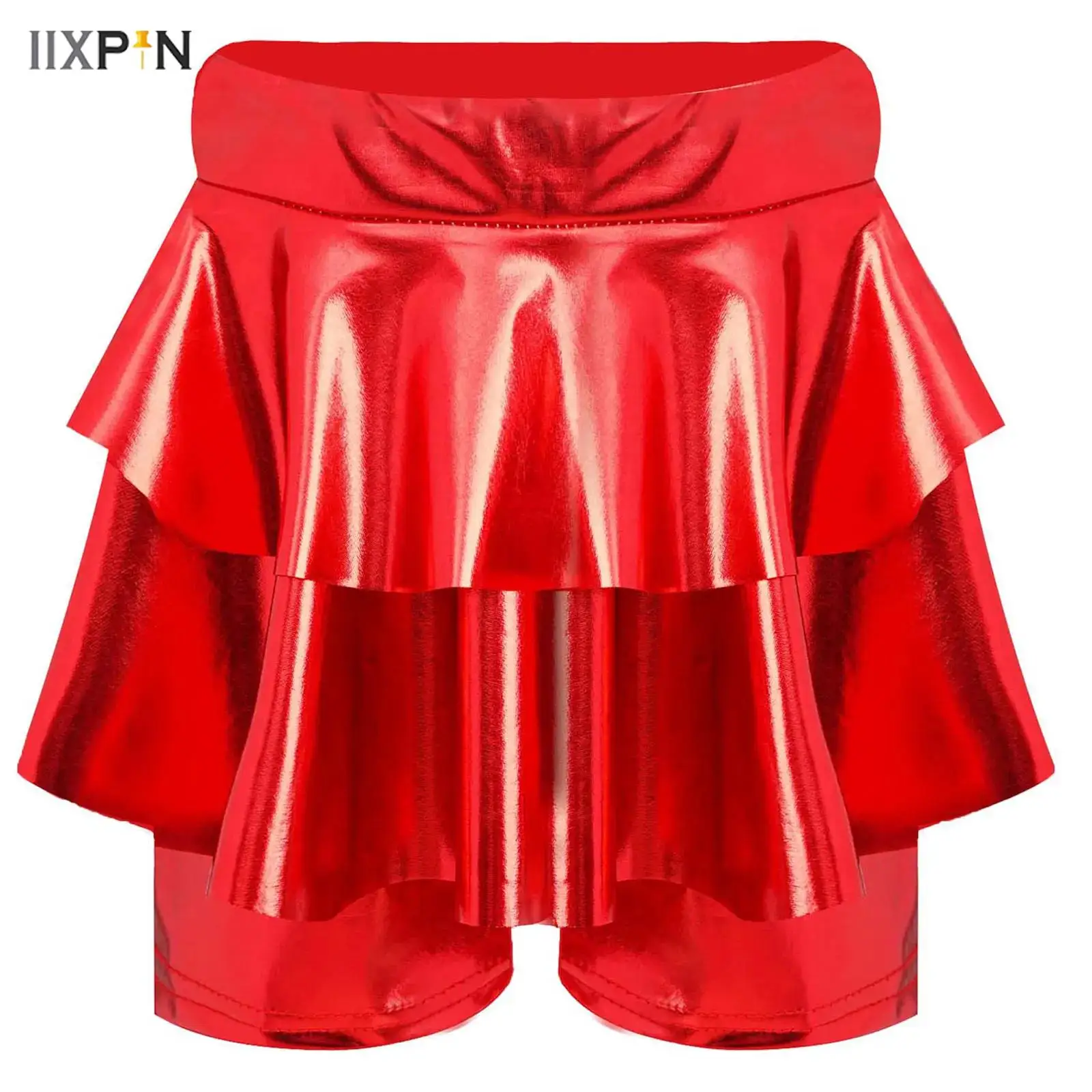 

Kids Girls Metallic Skirted Shorts Jazz Dance Cheerleading Ballet Performance High Waist Elastic Waistband Tiered Culotte Skirts