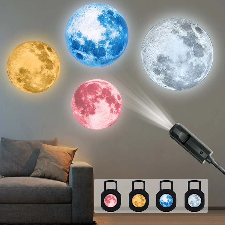 Moon Projection Atmosphere Light, 4-Color Moon Switchable, USB Interface, Suitable for Atmosphere creation, Home Decoration