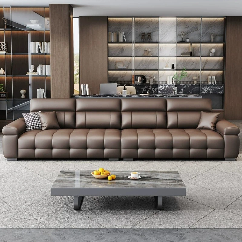 x*-Grid Real Leather Sofa Segmented Square Panel Straight 3-Seater Brown Cowhide with Wide Wrapped Armrest Designer Furniture