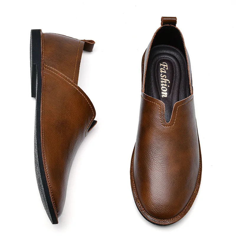 New Retro Handmade Leather Men'S Loafers With Simple Low Cut Toe Shoes Soft Leather Flat Bottom Commuting Casual Men'S Shoes