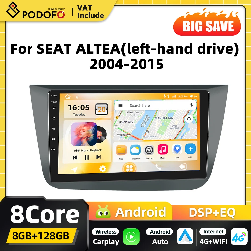 Podofo Qualcomm Snapdragon Android Auto Intelligente Fahrzeugsysteme für SEAT ALTEA 2004-2016 Carplay GPS-Navigation DSP WIFI FM RDS