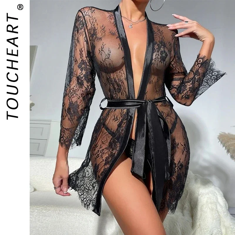 Toucheart Sexy Lingerie Sexy Nightgown For Women See-Through Lace Printing Deep V-Neck Home Ultrathin Lace Up Nightgown Set New