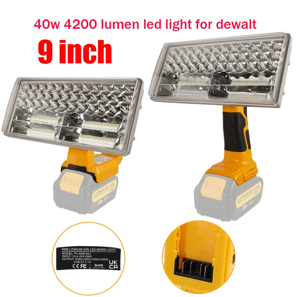 

9 Inch 40W LED Lamp For Dewalt DCB201 DCB200 18V Lithium Ion Battery Outdoor LED Working Light Spotlight Flashlight With USB