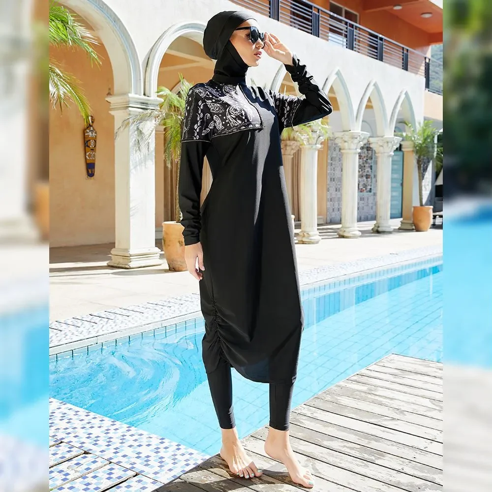 

Modest Women Muslim Hijab Black Print Swimwear Long Abaya Pant Set 3 Piece Full Cover Burkini Swimsuit Islamic Arab Bathing Wear