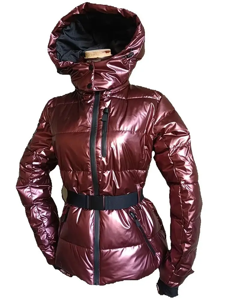 Women's Winter Hooded Warm Wine Red Padded Sports Coats with Belt Lady Elegant Thicken Burgundy Pockets Windproof Skiing Jackets