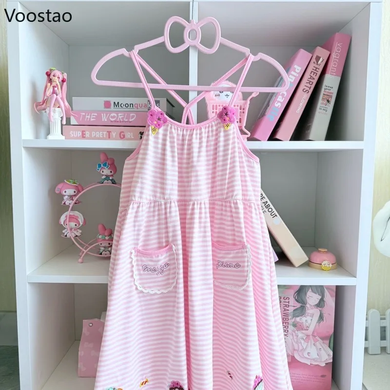 日本のかわいいロリータスタイルプリンセスドレス女性甘いストライプ漫画刺繍ストラップドレス女の子かわいい Y2k パーティーミニ Dres