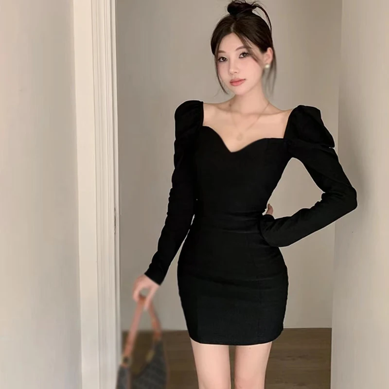 Women's Slim Dress Solid Color Korean Version V Neck Slim Temperament Sexy Fashion Puff Long Sleeve Evening Part Dress